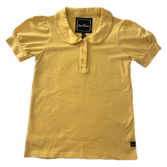 Vintage Y2K Kamiseta yellow button-up puff sleeve t-shirt - women's medium - Picture 1 of 5